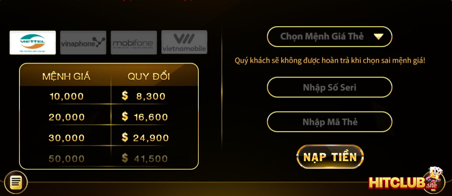 Nạp tiền HitClub bằng thẻ cào