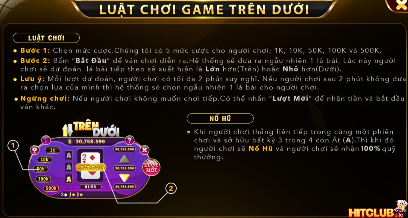 Luật chơi mini game trên dưới hitclub